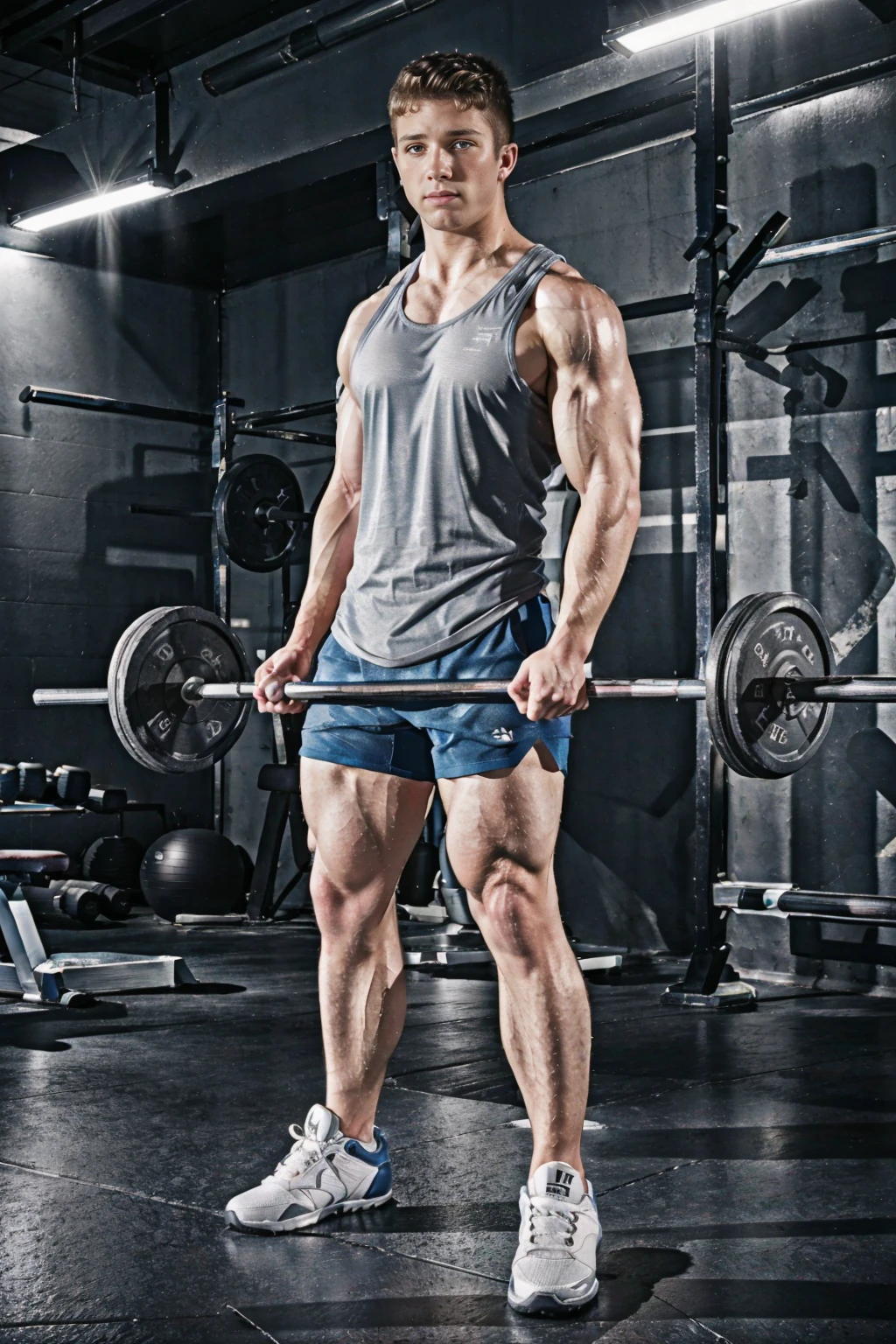 gym, weight room, SebastianKross, sexytrainer, sweaty, blue tank top, silver shorts, sneakers, holding barbell, highly detailed, sharp focus, high skin detail, photorealistic, masterpiece, (((full body portrait))), (full body), wide angle, (high face detail), (even lighting),   <lora:SebastianKross:0.65>  <lora:Clothing - Sexy Personal Trainer:0.7>  <lora:exposure_control_v10:0.4>