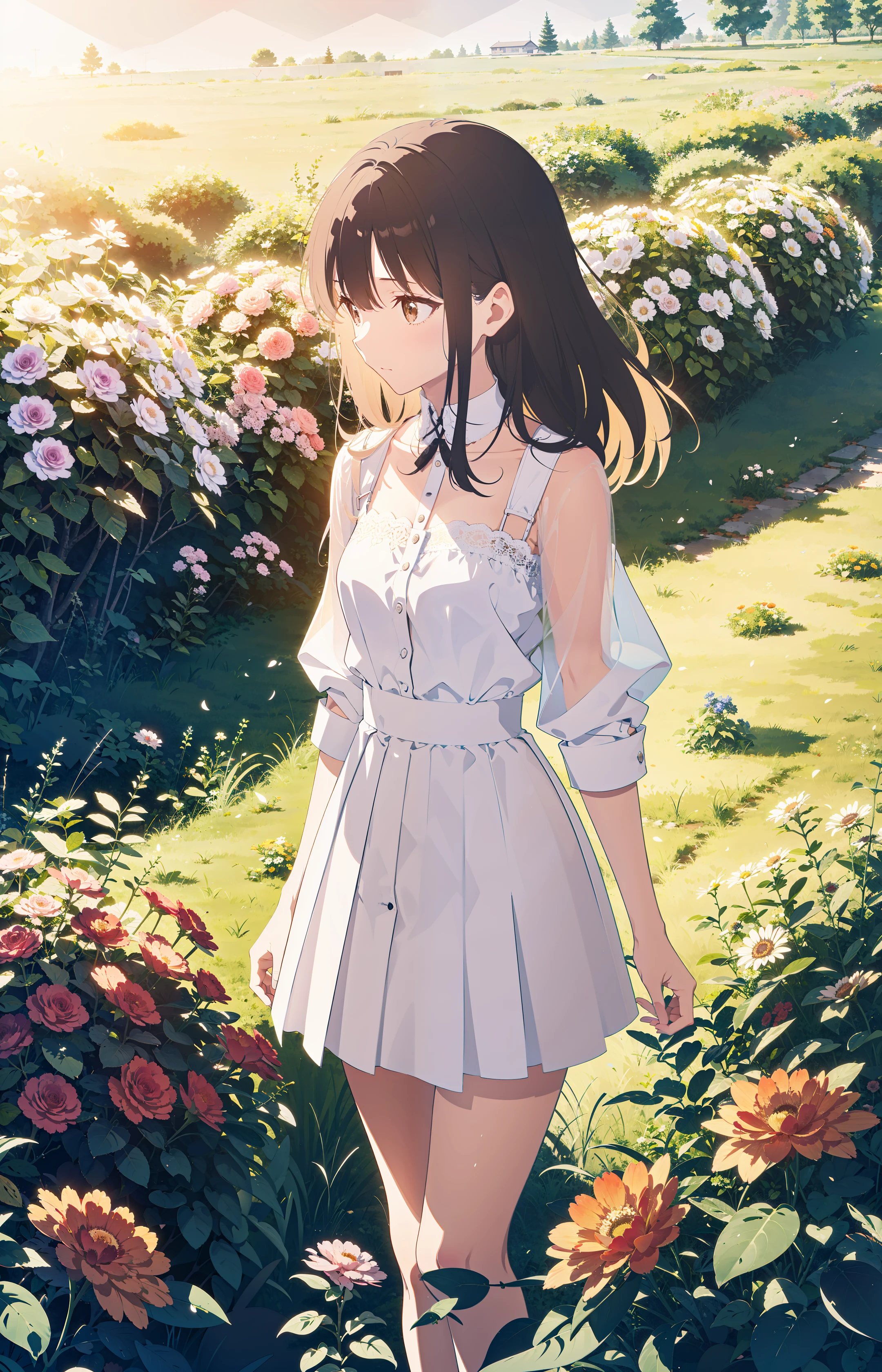 A melancholic autumn scene in a vast flower field,a gentle breeze rustling through the dry grass,fallen leaves scattered among the flowers, a bittersweet atmosphere, a moment of quiet contemplation,1girl,long hair,white_skirt, high-waist_shorts, outfit ,roses,(dynamic angle:1.1),vivid,Soft and warm color palette, delicate brushwork, evocative use of light and shadow, wide shot,subtle details in the wilting flowers,high contrast,color contrast,