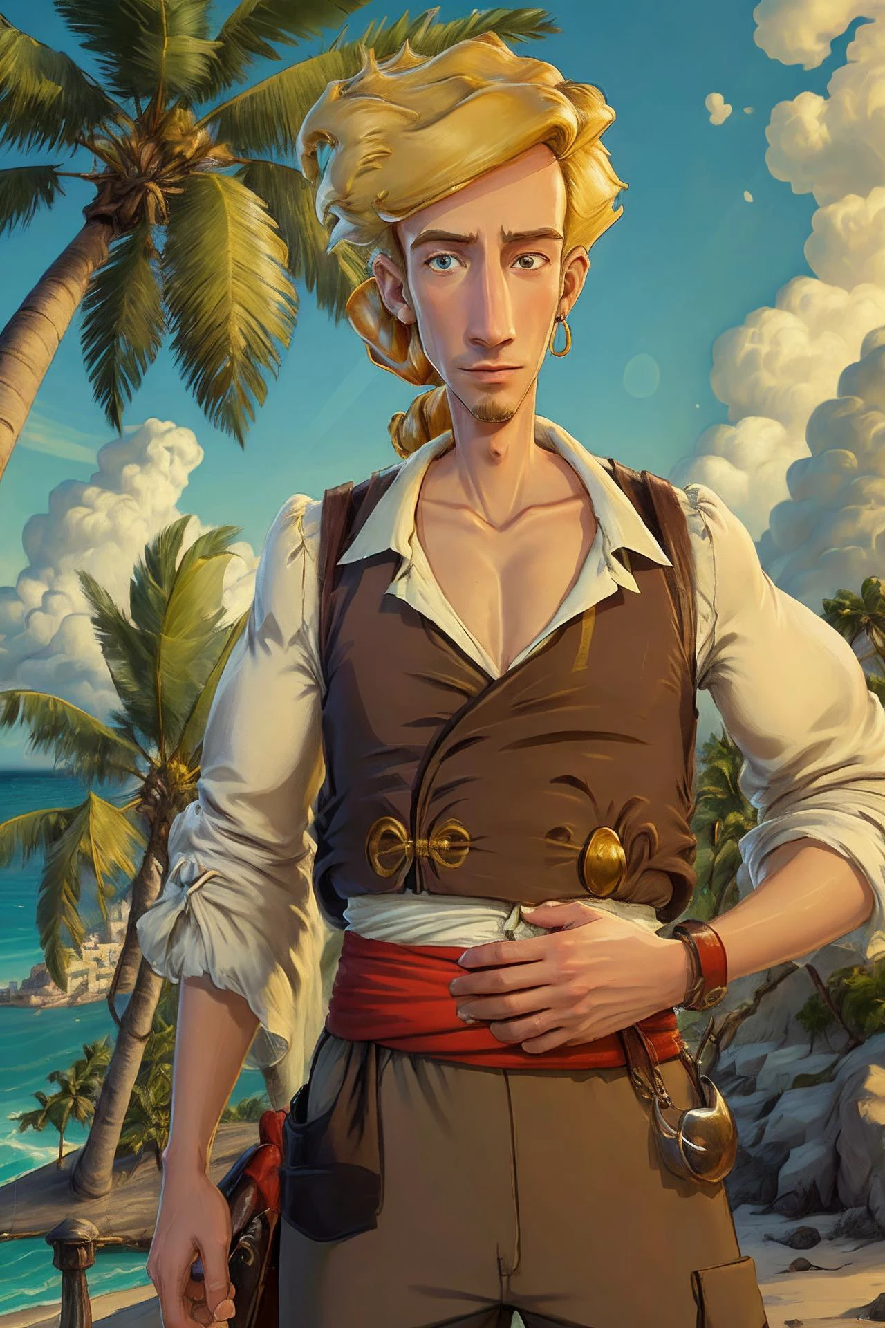 (best quality:1.2), (detailed:1.2), guybrush, solo, male focus, looking at viewer, island, ocean, palm tree, sunlight, absurdres, <lora:guybrush:0.8>, <lora:detail_slider_v4:0.4>
