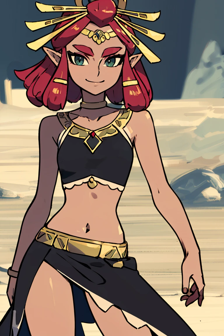 <lora:Sugimori_Ken_Style_v1:0.8>, ((masterpiece,best quality)), absurdres, <lora:Riju_Zelda_TotK:0.7>, Riju_Zelda,  midriff, black dress, solo, smiling, smug, looking at viewer, cowboy shot, cinematic composition, contrapposto
