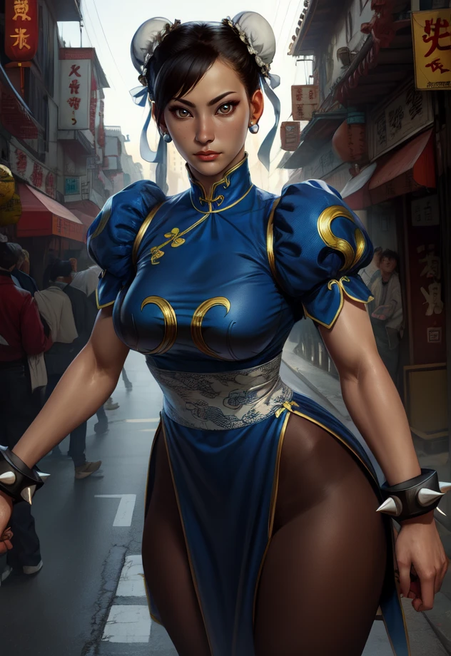chun li, double bun, black hair, brown eyes,
chinese clothes, pelvic curtain, spiked bracelet, pantyhose, bun cover, earrings ,
standing, upper body, cowboy shot,
chinatown, police station, morning,
(insanely detailed, beautiful detailed face, beautiful detailed eyes, masterpiece, best quality),solo, <lora:chunlieSF6:0.8>
