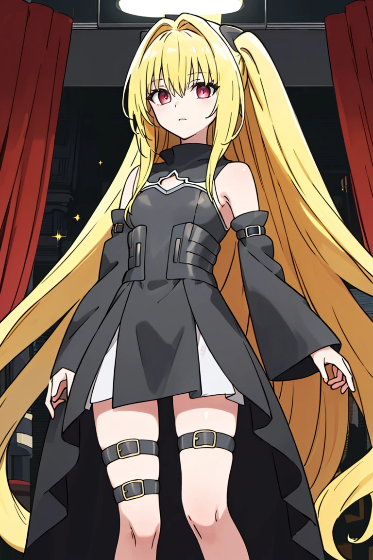 <lora:Sugimori_Ken_Style_v2:0.8>, ((masterpiece,best quality)), absurdres, (finely detailed beautiful eyes: 1.2), phyami, yaminor, 1girl, solo, blonde hair, long hair, red eyes, thigh strap, very long hair, detached sleeves, black dress, <lora:yami-v1:1.0>,contrapposto