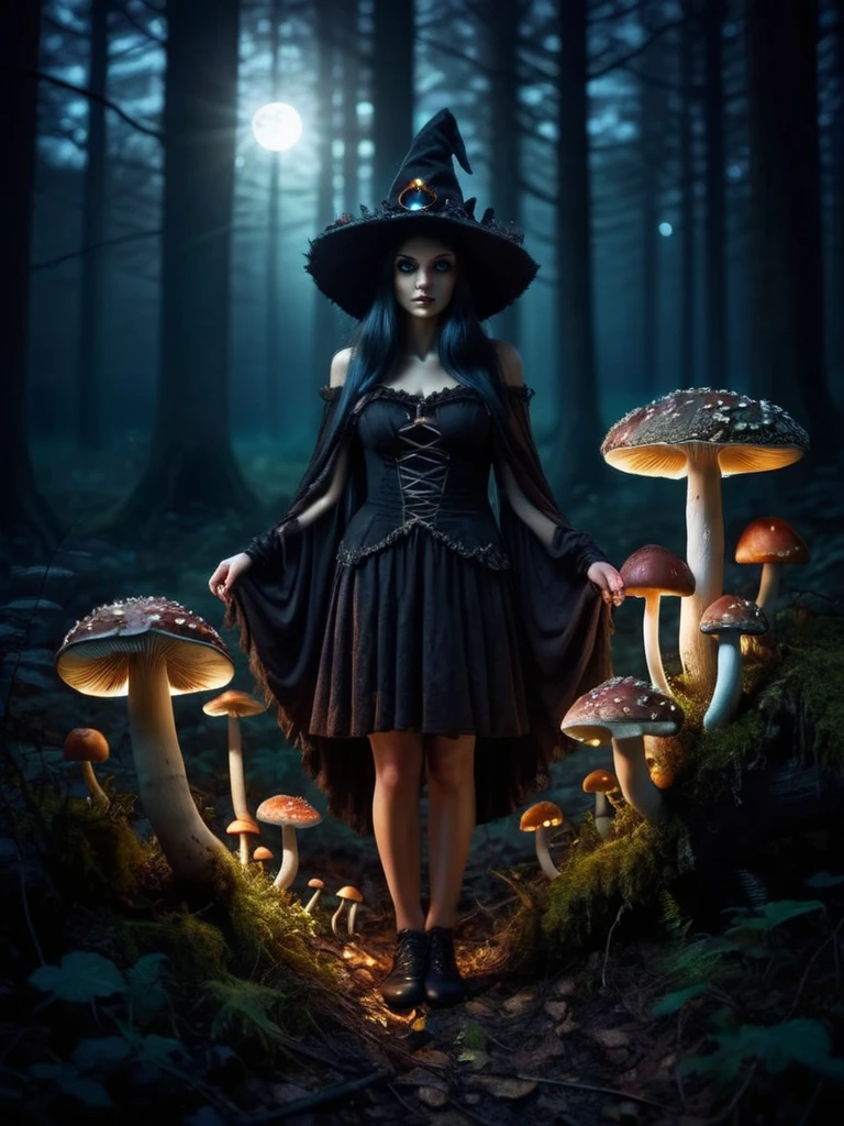 fairy tale, dark witch, dark forrest, at night, backlight, mythical forest, mushroomz <lora:mushroomz:0.5>