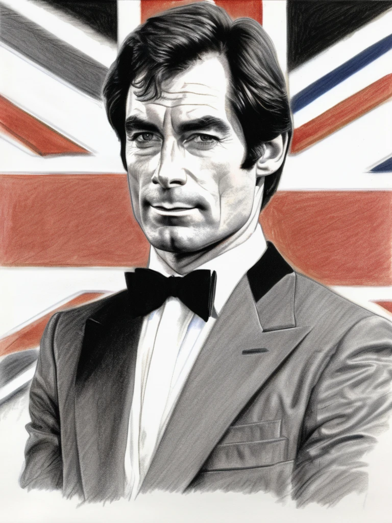 pencil illustration of Timothy Dalton dressed as James Bond, union jack <lora:TimothyDalton-000002:0.5>