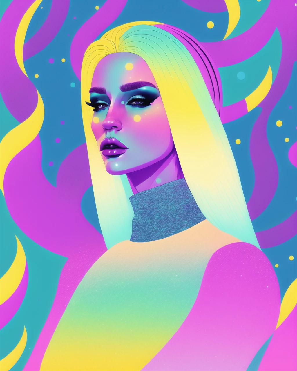 A beautiful blonde female pop artist all pastel sleek futuristic outfit, with huge headpiece center piece, clean makeup, with depth of field, fantastical edgy and regal themed outfit, captured in vivid colors, embodying the essence of fantasy, minimalist, cool palette, <lora:Graphic_Portrait_SD15:0.7> , Graphic_Portrait