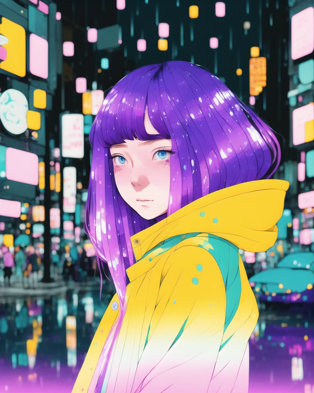 8k photo portrait of a stunning woman with violet hair in a pastel raincoat, looking at the camera, at a bustling crosswalk at night, wet reflections, Highly Detailed, studio ghibli, akira toriyama, james gilleard, genshin impact, trending pixiv fanbox, acrylic palette knife, 4k, vibrant colors , <lora:Graphic_Portrait_SD15:0.7> , Graphic_Portrait