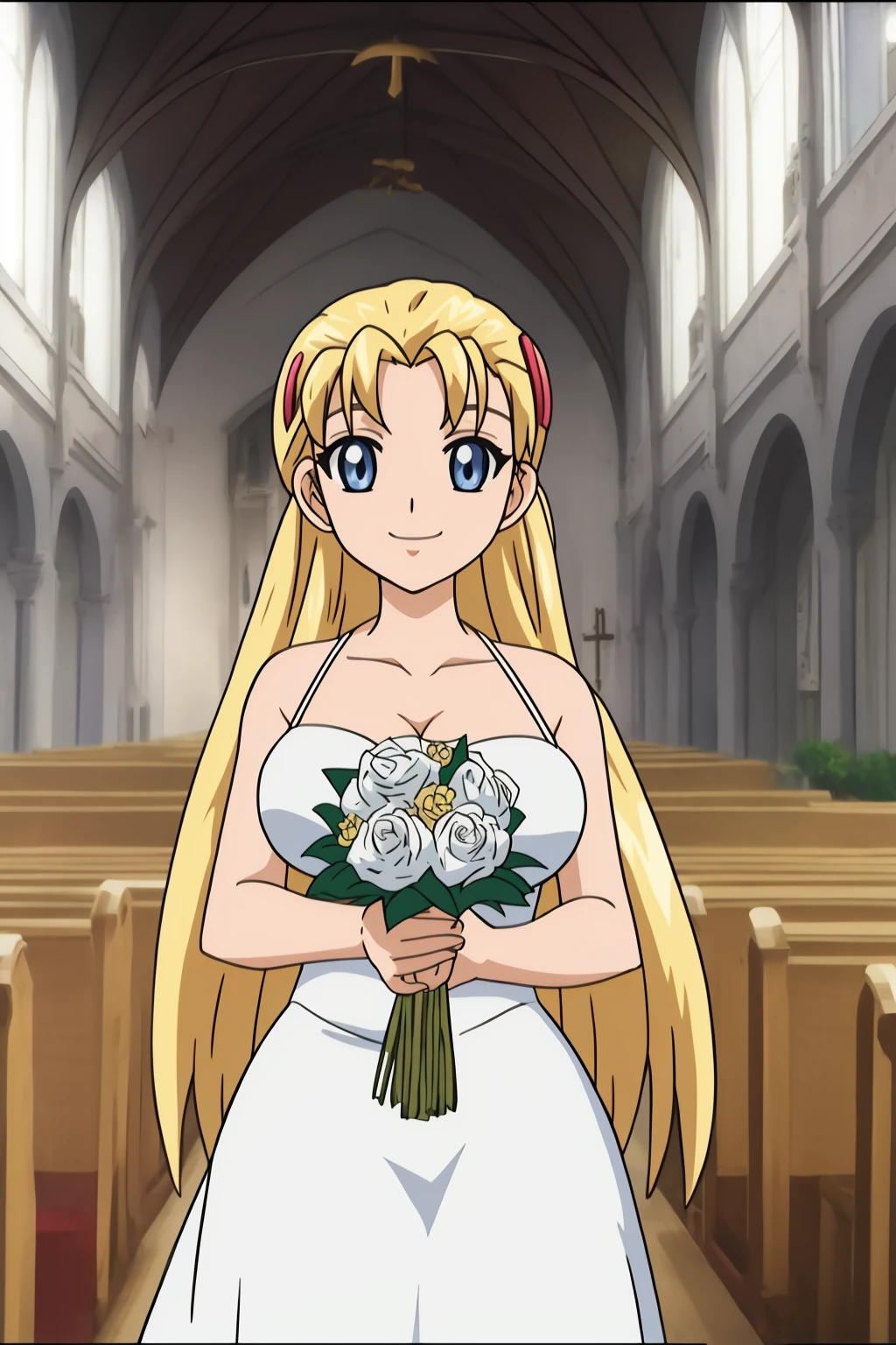 miu, 1girl, solo, long_hair, breasts, looking_at_viewer, smile, blue_eyes, blonde_hair, hair_ornament, cleavage, medium_breasts, (big_ahoge), hairclip, wedding_dress, white_dress, indoor, church, holding_flowers
