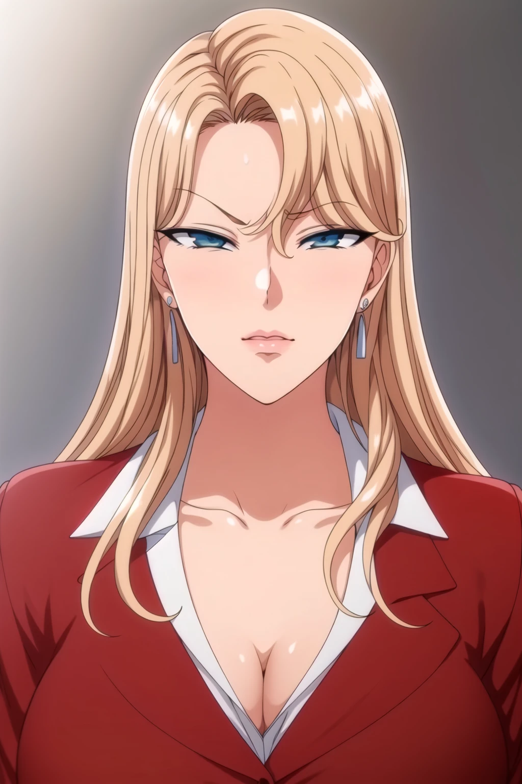 Simple White Background,
(red_jacket:1.2),long_sleeves,heart_necklace,white shirt, collared shirt,
cleavage, collarbone,
pantyhose, pencil skirt,
<lora:Reika_Kurashiki_SaiminSeishidou-KK77-V2:0.7>,earrings, jewelry,Gem,
bangs, blonde_hair, blue_eyes, long_hair,
<lora:Oda_Non_Style-KK77-V2:0.3>,<lora:more_details:0.1>,
1 girl, 20yo,Young female,Beautiful Finger,Beautiful long legs,Beautiful body,
Beautiful Nose,Beautiful character design, perfect eyes, perfect face,expressive eyes,perfect balance,
looking at viewer,(Focus on her face),closed mouth, (innocent_big_eyes:1.0),(Light_Smile:0.3),
official art,extremely detailed CG unity 8k wallpaper, perfect lighting,Colorful, Bright_Front_face_Lighting,White skin,
(masterpiece:1.0),(best_quality:1.0), ultra high res,4K,ultra-detailed,
photography, 8K, HDR, highres, absurdres:1.2, Kodak portra 400, film grain, blurry background, bokeh:1.2, lens flare, (vibrant_color:1.2),professional photograph,
(Beautiful,large_Breasts:1.4), (beautiful_face:1.5),(narrow_waist),