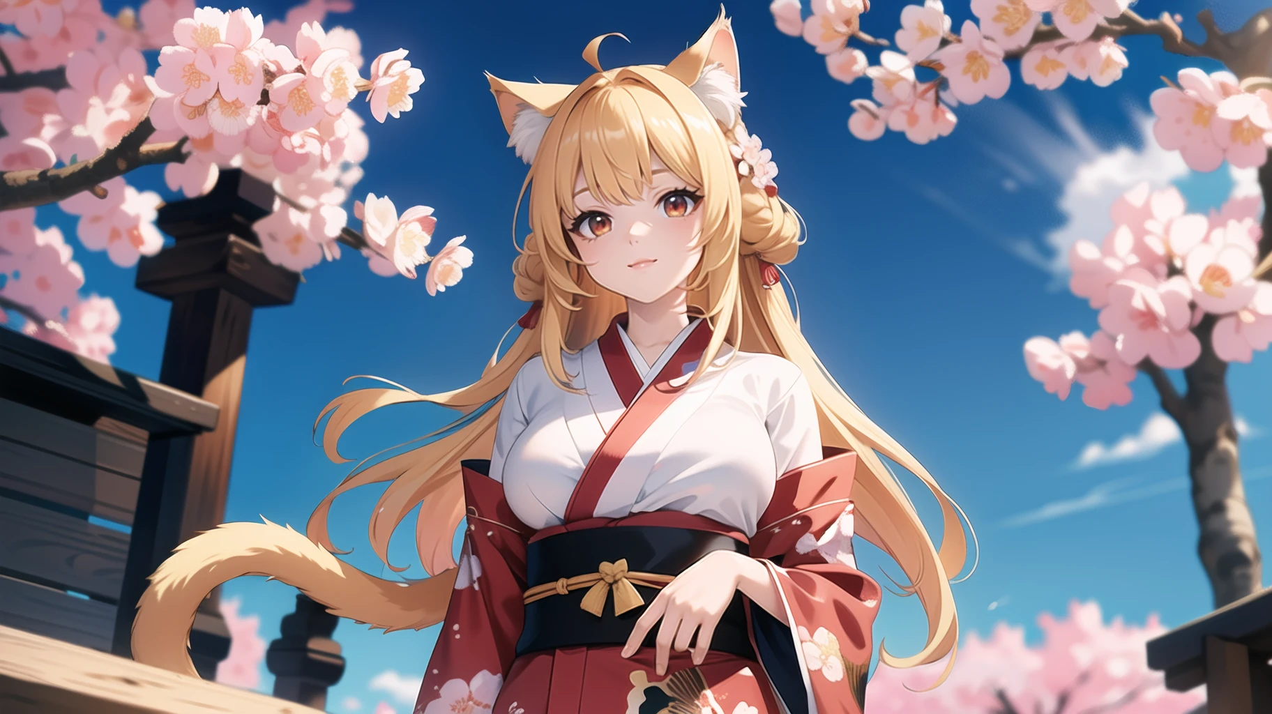(masterpiece, highest quality, 8k, 16k, high quality, best quality:1.3, absurdres, highres, digital art, intricate), <lora:GoodHands-vanilla:1>,
1girl, tall, thick thighs, large breasts, Kemonomimi, blond hair, red eyes, cat ears, anime ears, cat tail, animal tail, intricate kimono, temple, cherry blossom,