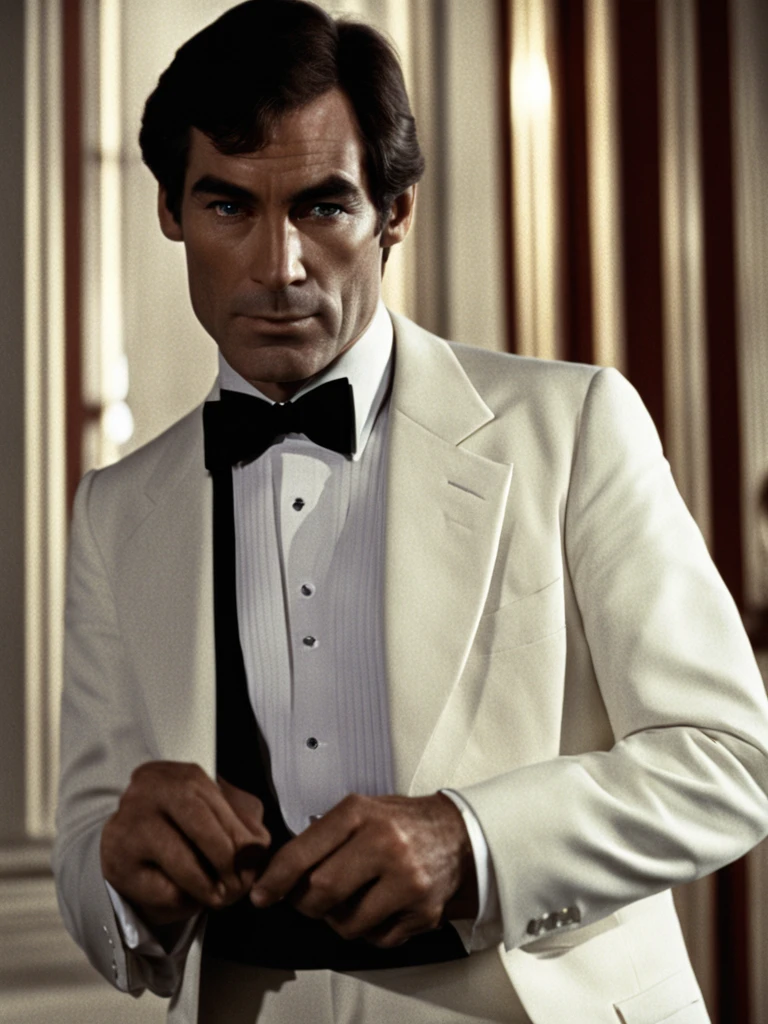 Photo of Timothy Dalton as James Bond wearing a black tuxedo and a white shirt and a black bow tie, low light, dark room  <lora:TimothyDaltonpublic2:0.6>