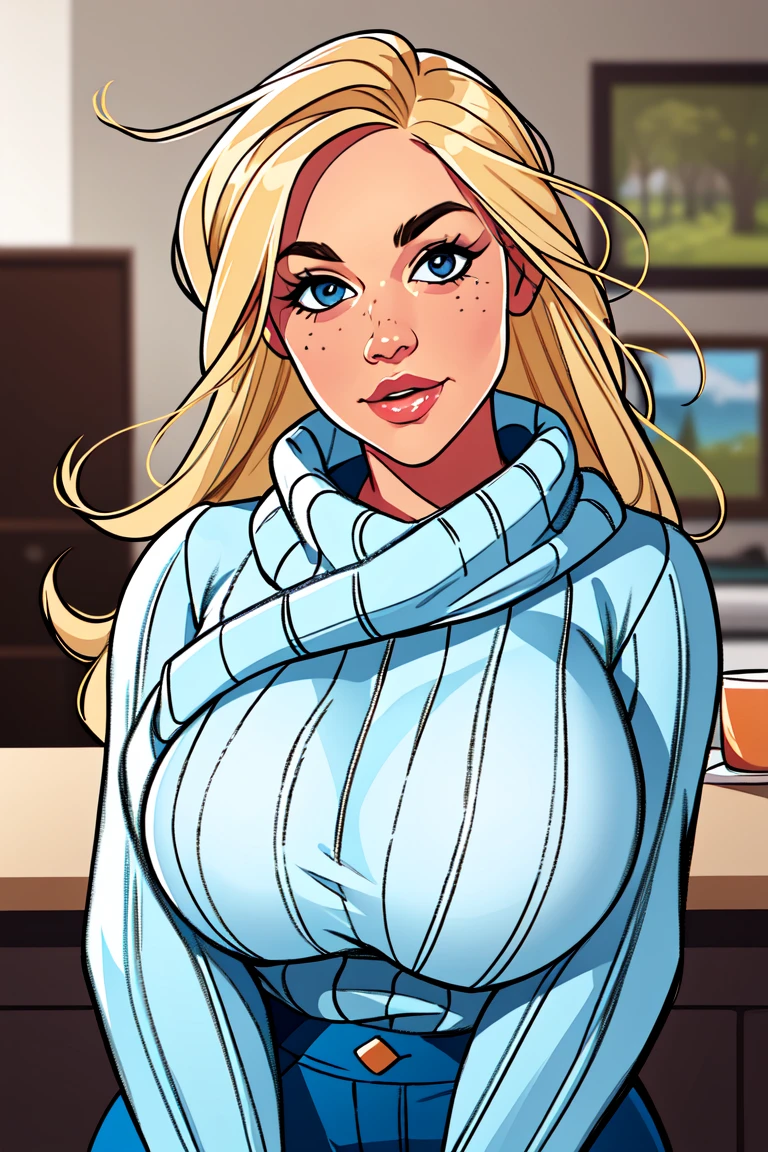 <lora:MinkoStyleV3:1>minko, intricate details, masterpiece, absurdres, best quality, realistic, Highest Quality, looking at viewer,( warm wool sweater), 1girl, blonde hair, busty, cute face