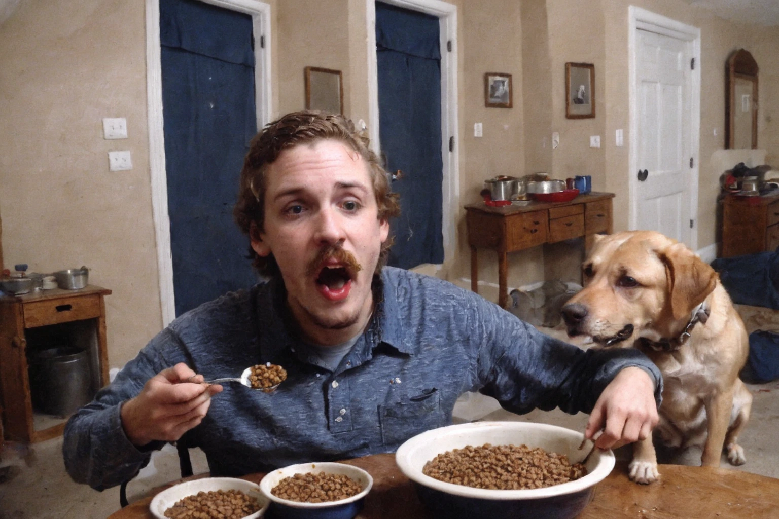 <lora:XL_bossmanjack_v4:1>, <lora:XL_Oil_Paint_ClassipeintXL1.9:1>, 1boy, facial hair, indoor,s realistic, eating from dog bowl, dog food in mouth