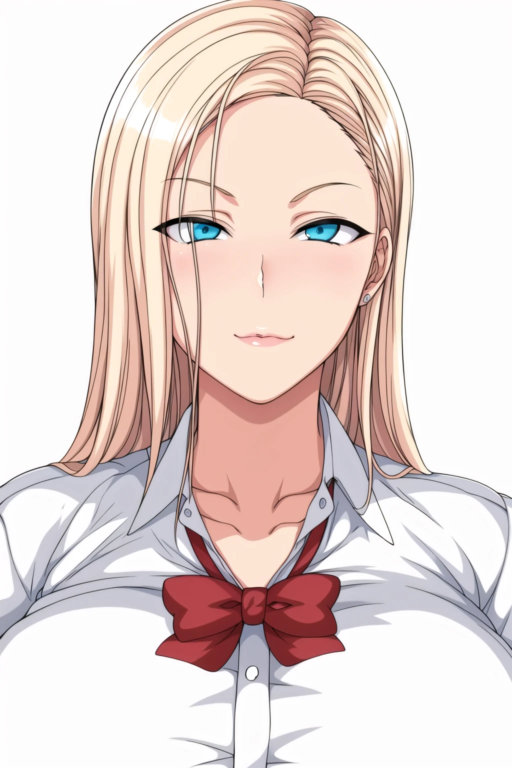 Simple White Background,
 white_collared_shirt,skirt,collarbone,red_bowtie,
<lora:Reina_Kurashiki_SaiminSeishidou-KK77-V3:0.7>,
blonde_hair, blue_eyes,long_hair,parted_bangs,
<lora:Oda_Non_Style-KK77-V2:0.3>,<lora:more_details:0.1>,
1 girl, 20yo,Young female,Beautiful Finger,Beautiful long legs,Beautiful body,
Beautiful Nose,Beautiful character design, perfect eyes, perfect face,expressive eyes,perfect balance,
looking at viewer,(Focus on her face),closed mouth, (innocent_big_eyes:1.0),(Light_Smile:0.3),
official art,extremely detailed CG unity 8k wallpaper, perfect lighting,Colorful, Bright_Front_face_Lighting,White skin,
(masterpiece:1.0),(best_quality:1.0), ultra high res,4K,ultra-detailed,
photography, 8K, HDR, highres, absurdres:1.2, Kodak portra 400, film grain, blurry background, bokeh:1.2, lens flare, (vibrant_color:1.2),professional photograph,
(Beautiful,huge_Breasts:1.4), (beautiful_face:1.5),(narrow_waist),