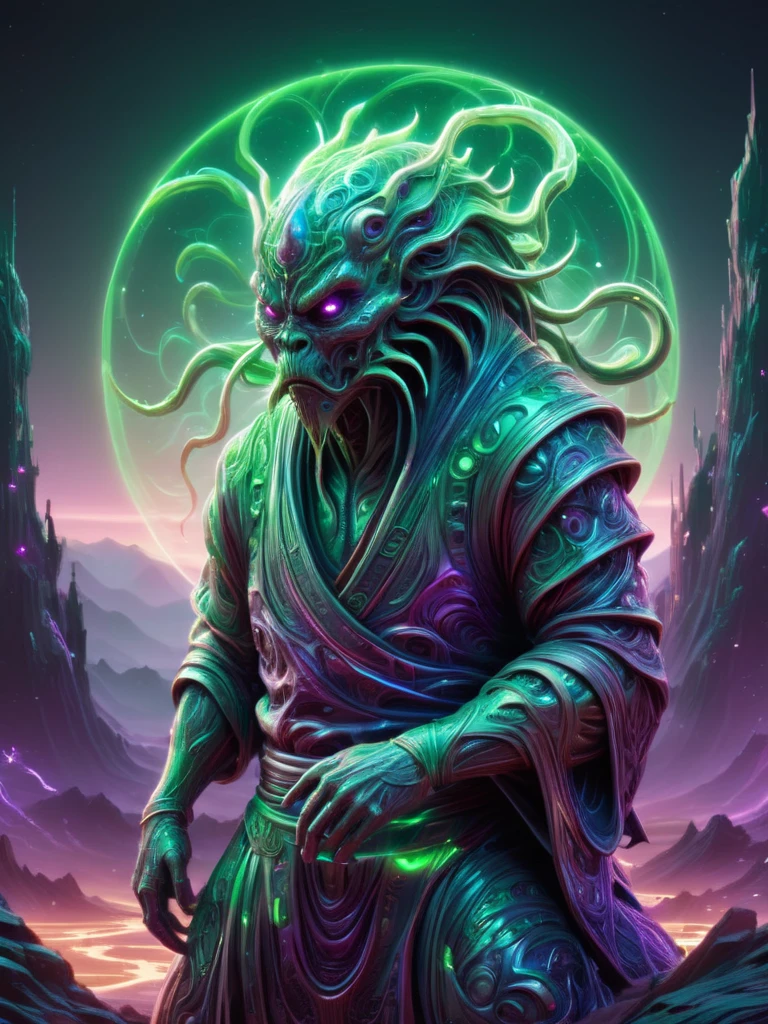 art by Marek Okon and dan mumford, Yarn model of a large Brother, the Brother is Luminous, Samurai, elegant, Cryptidcore, anaglyph filter, neon green and purple color, alienzkin <lora:alienzkin:0.6>