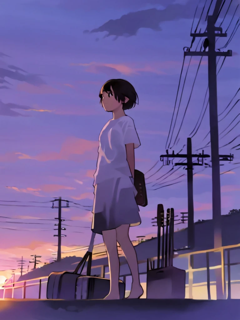 <lora:comicloa1_xl:1>,girl, solo, short hair, skirt, sky, standing, outdoors, shirt, black hair, barefoot, arms behind back, brown eyes, white shirt, instrument case, power lines, short sleeves, black eyes, sunset, cloud, bag, scenery, holding, brown hair, looking away, t-shirt