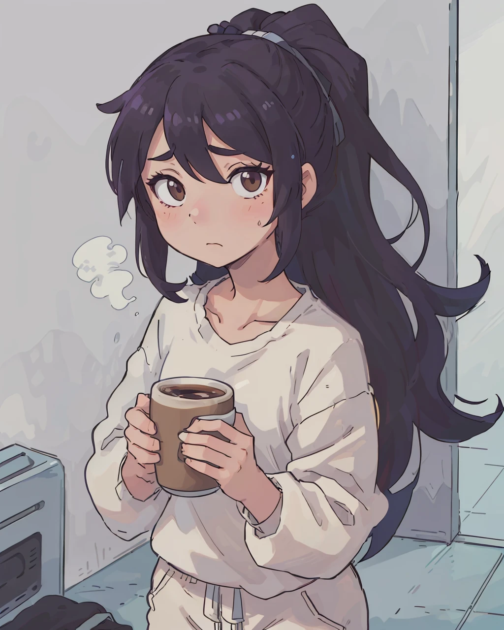 (best quality:0.8) perfect anime portrait illustration, front forward, a woman wearing cozy sweatpants looking tired in the hallway after waking up, holding a small mug of coffee