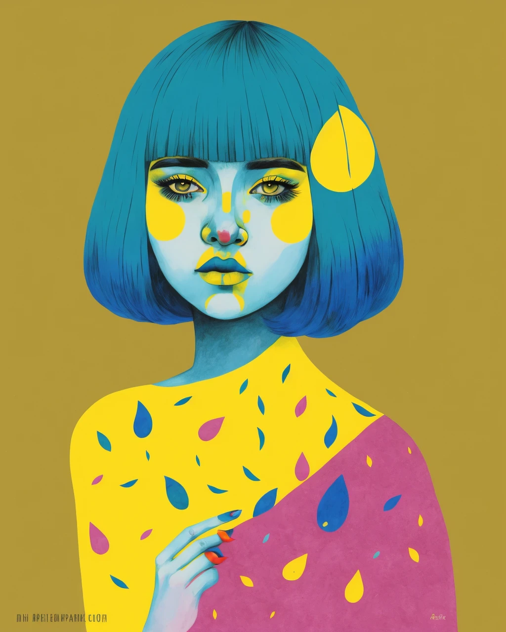 1girl, pattern, bangs,yellow colored skin, lipstick, makeup, robin-egg-blue hair, short hair, solo, traditional media,  <lora:Graphic_Portrait_SD15:0.7> , Graphic_Portrait