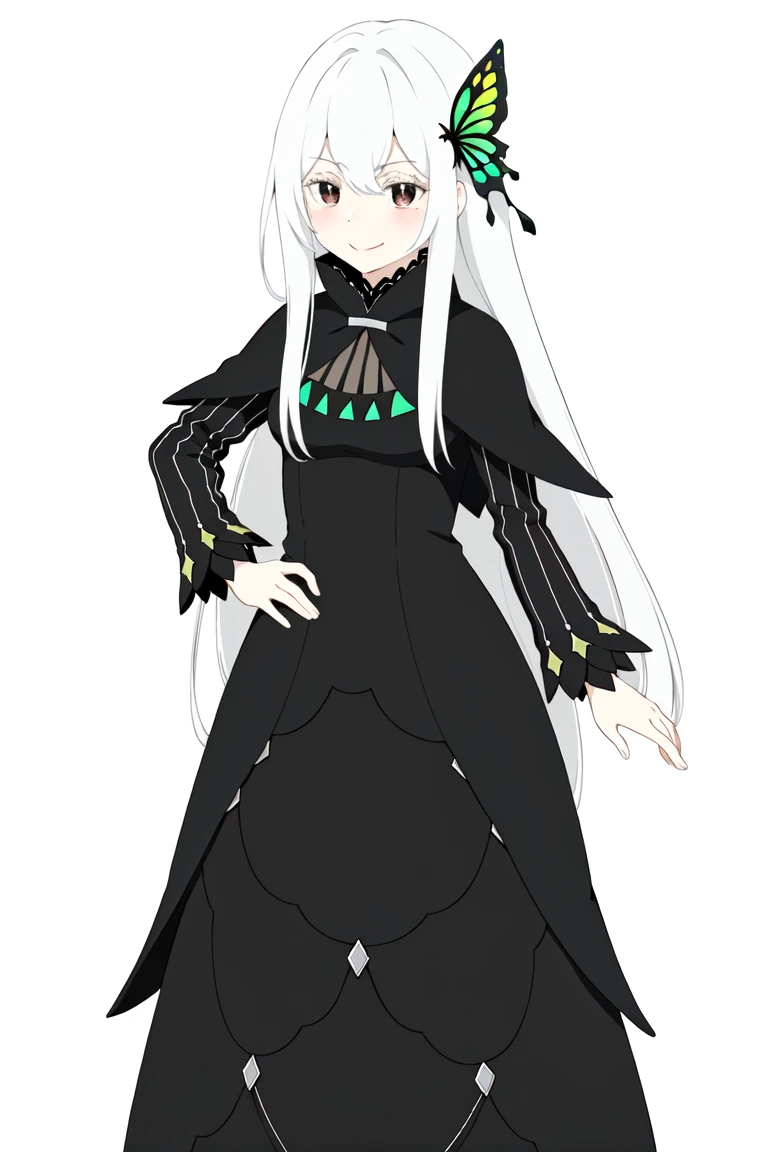 Echidna
<lora:EchidnaV2:0.8>
1girl, :d, bangs, black_capelet, black_dress, blush, butterfly_hair_ornament, capelet, colored_eyelashes, dress, full_body, hair_between_eyes, hair_ornament, long_hair, long_sleeves, looking_at_viewer, open_mouth, smile, solo, standing, striped, style_parody, transparent_background, vertical_stripes, very_long_hair, white_hair