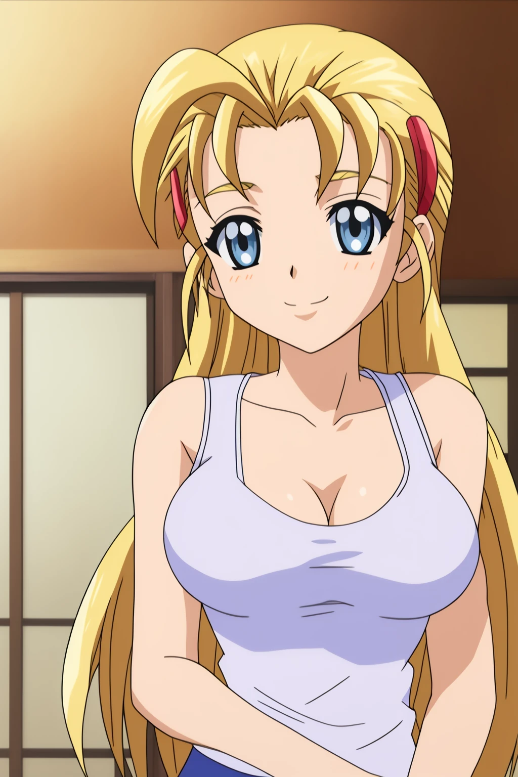 aavenus, BREAK,official art, POV, 1boy, paizuri, breast squeeze, anime screencap, upper body, 1girl, , big eyes, pink bra, huge breasts, long hair, blonde hair, bangs, hair bow, blue eyes, blush, smile, indoors, (1990s (style):0.8), looking at viewer, masterpiece, best quality, sweat, steam, cum, bukkake, cum on face, cum on hair