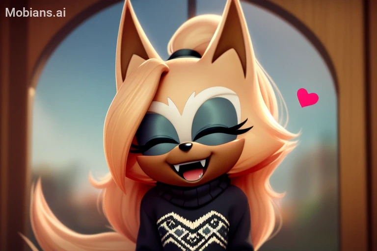 Masterpiece, high quality, studio quality, intricate details, 4k, 1girl, solo, Whisper the wolf, :D, hearts, sweater, fangs, eyes closed