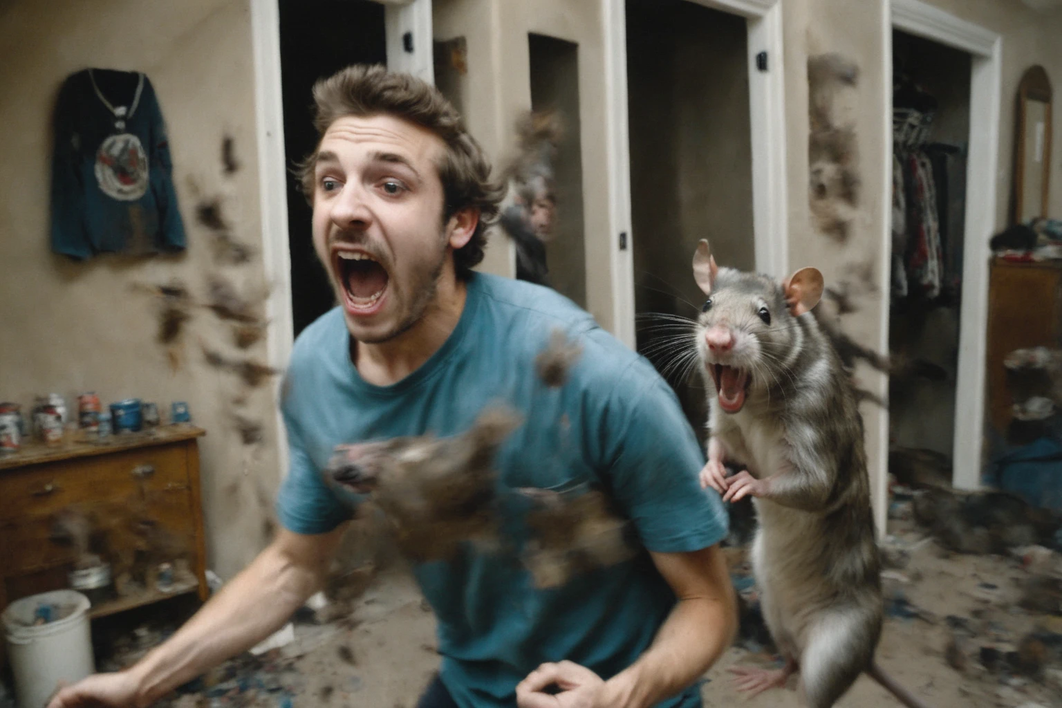 <lora:XL_bossmanjack_v4:1>,   <lora:rough-oil-sat-mega-adam-e:1>, (((oil painting))), solo,  rats lurking in back, young man wearing a shirt covered in animated rats and screaming with a pained expression, 1boy, male focus, facial hair, solo, brown hair,   indoors