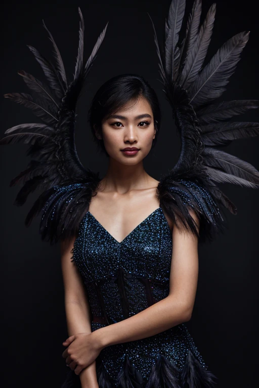 <lora:epiCRealismHelper:0.7>, epiCRealism, fashion photography, portrait photograph of striking facial features asian woman, short hair, makeup, wearing purple intricate feather dress, cinematic lighting, volumetric lighting, (dark grey background:1.2), dust,( wind:1.1), shot on Hasselblad X2D 100C, 80mm lens, depth of field, bokeh, film grain, vivid color, female poses, expressive female portrait, (upper body shot:1.6)
