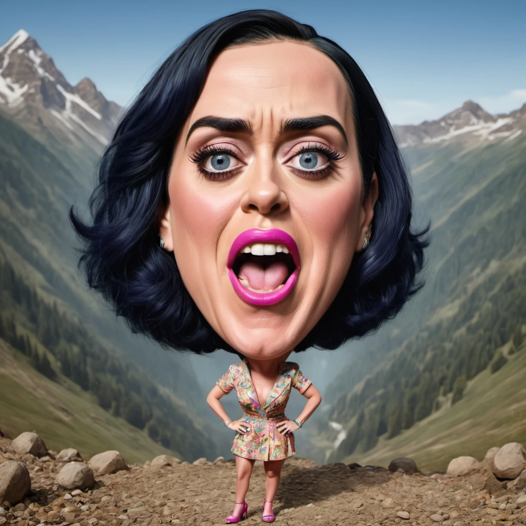 caricature full body portrait of {happy|surprised}  Katy Perry at mountain <lora:Caricature_XL-000005:1>