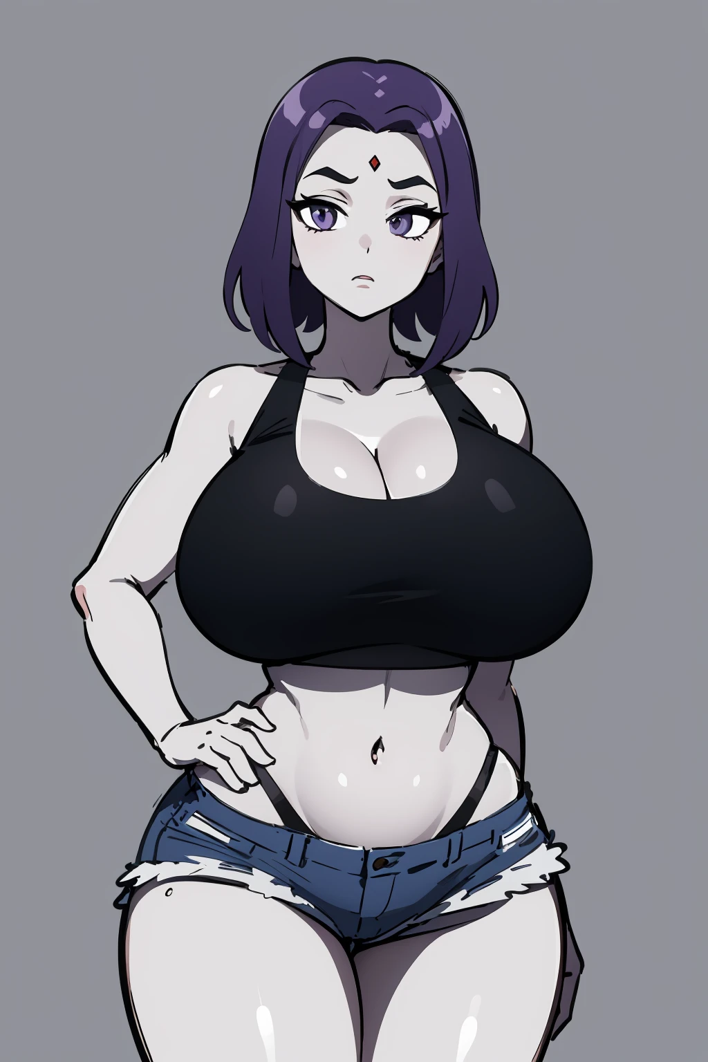 masterpiece,highres,best quality,1girl,solo,<lora:raven-wasabiya:1>,dcraven,purple hair,grey skin,purple eyes,large breasts,simple background,sports bra,denim shorts,colored skin,toned,wide hips,huge breasts,hand on hip, puffy cheeks,