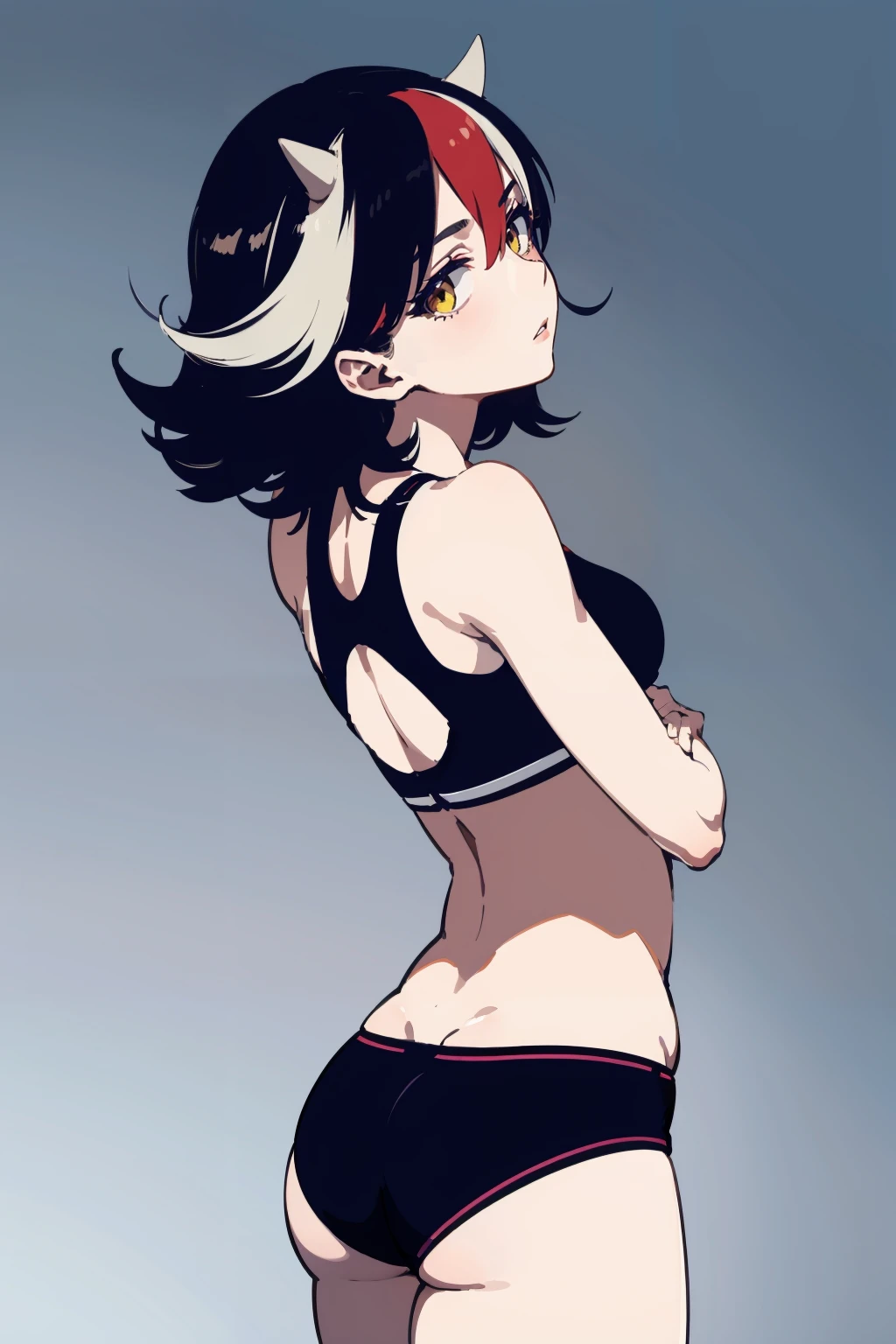 masterpiece,highres,best quality,1girl,solo,<lora:seija-Wasabiya:1>,kijin seija,horns,streaked hair,(arched back:1.5),simple background,back,from behind,looking at viewer,skindentation,skin tight,sports bra,yellow eyes,crossed arms,parted lips,