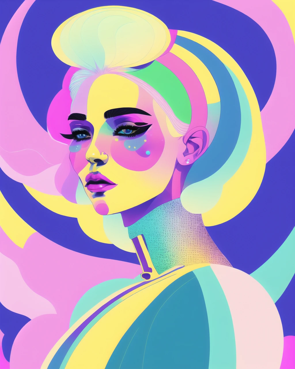 A beautiful blonde female pop artist all pastel sleek futuristic outfit, with huge headpiece center piece, clean makeup, with depth of field, fantastical edgy and regal themed outfit, captured in vivid colors, embodying the essence of fantasy, minimalist, cool palette, <lora:Graphic_Portrait_SD15:0.7> , Graphic_Portrait