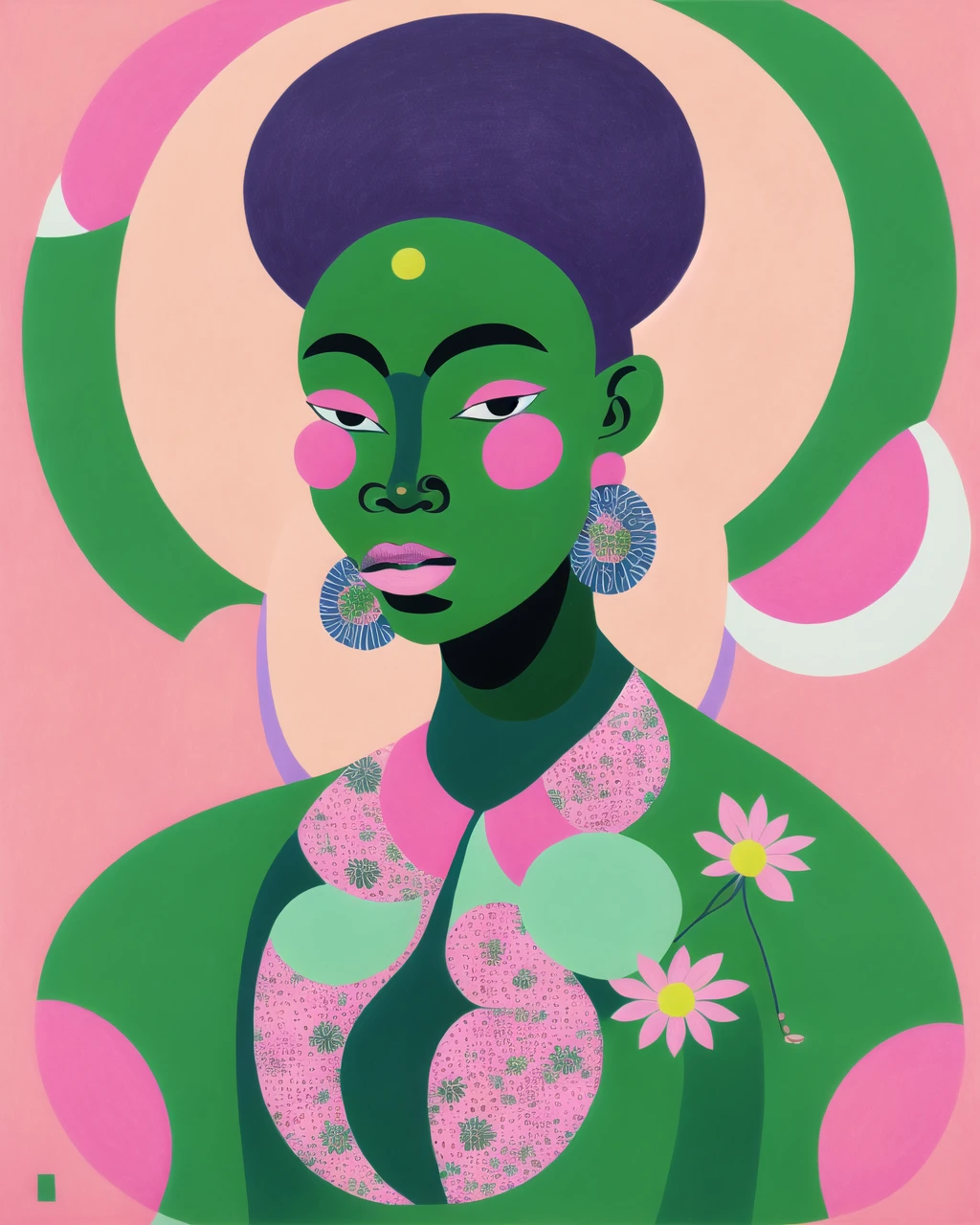 a painting of a woman with pink circles on her face and a flowered shirt on her shoulders, with a green background, Chinwe Chukwuogo-Roy, in gouache detailed paintings, an ultrafine detailed painting, naive art, pattern, , <lora:Graphic_Portrait_SD15:0.7> , Graphic_Portrait