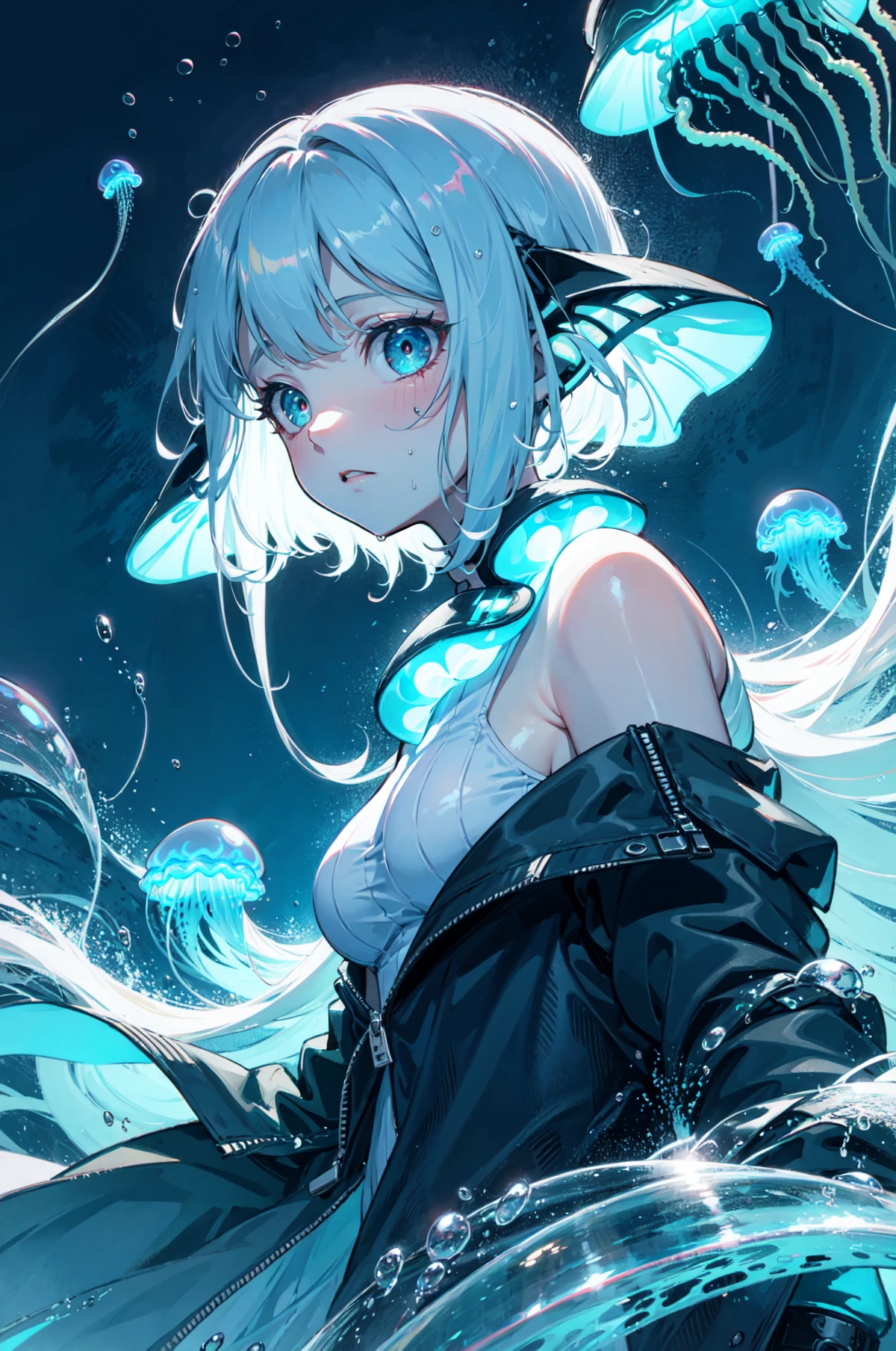 best detailed, (glowing background),high light,
, masterpiece, best quality, wide-angle Hyperdetailed, masterpiece, 8k, natural lighting, soft lighting, sunlight, HDR (High Dynamic Range), Maximum Clarity And Sharpness, Multi-Layered Textures,
(cthulhu,Acheron,fluorescent jellyfish:1.3),(fusion of humans and monsters),(hopeless, helpless),rainstorm,tsunami,whale,style of panicky, dark blue theme, dark theme,white theme,((suffocating sense of oppression: 1)),
(floating water drops, time stasis,:1.2),
glowing eyes,((jellyfish girl, jellyfish tentacle hair, bioluminescence)), neon green skin, glowing, solo, dynamic angle, floating, beautiful detailed sky, on beautiful detailed water,
beautiful detailed eyes, expressionless, side blunt bangs, hairs between eyes,bare shoulders,detailed wet clothes, blank stare,
lens flare,light leaks,
