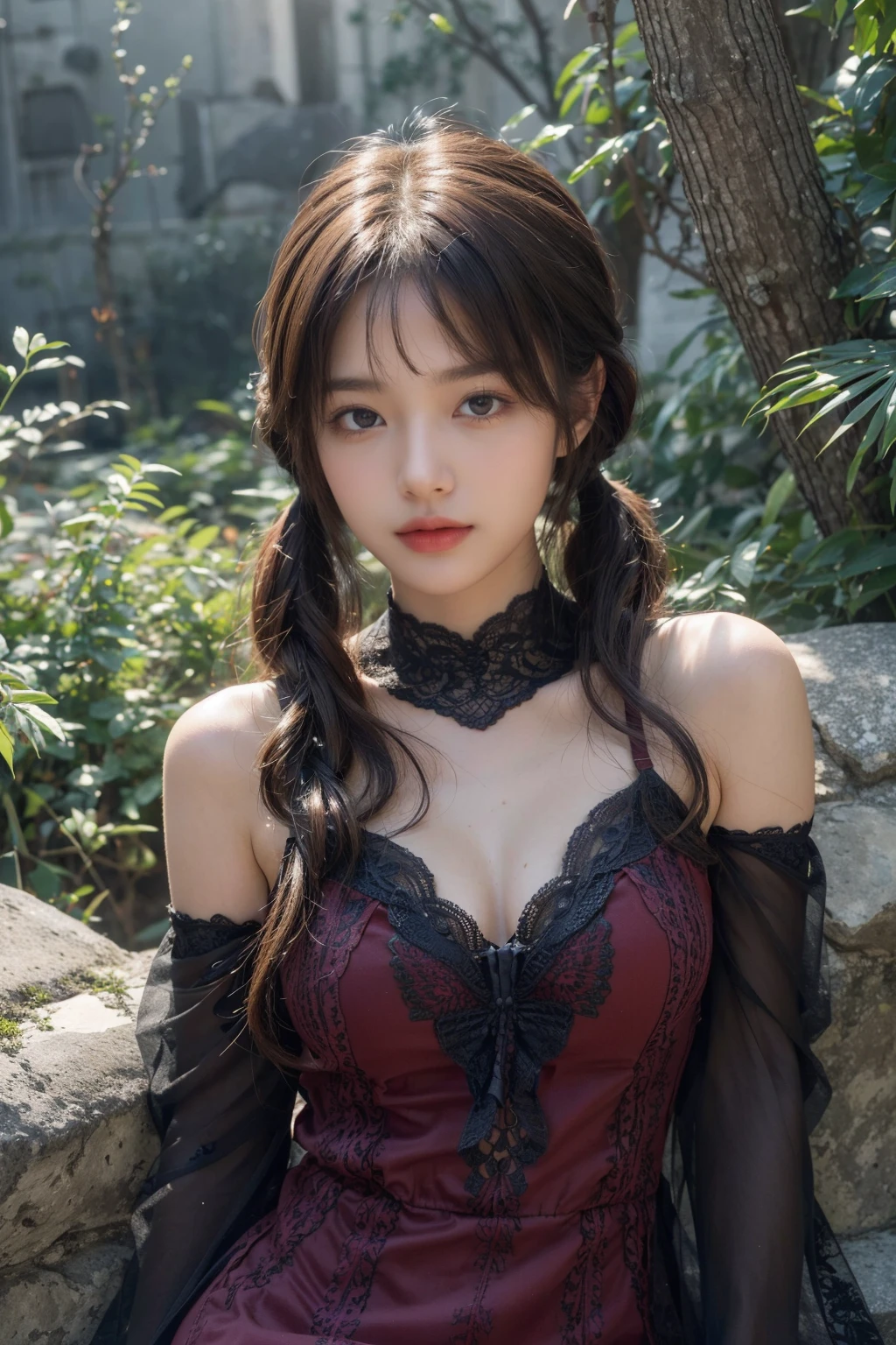 (masterpiece:1.2), (best quality:1.2), (ultra-detailed:1.2),
(realistic:1.1), (CG, unity, 8k, highres, absurdres),
(beautiful detailed eyes, shiny eyes),
(beautifuly detailed shiny skin),
(wet skin:1.1), (soft body:1.1),
(perfect anatomy, correct limb, correct finger),
(extremely delicate and beautiful),
(perfect shadow),
(beautiful detailed glow:1.1),
(cinematic angle, cinematic lighting),
(cowboy shot:1.3),
BREAK
(1girls. solo),
(medium breasts),
(stylish face),
long hair, high twintails, (hair over eyes, no eyes), dark brown hair, blue eyes, large breasts, brown lace long dress, (red butterfly)