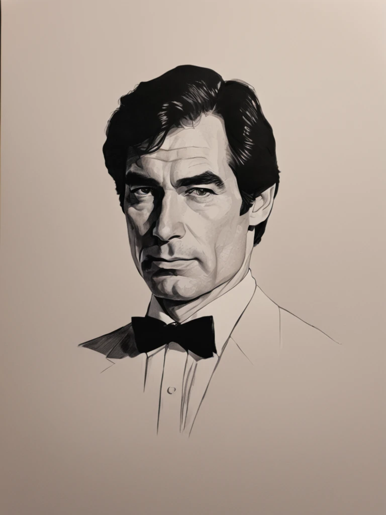 Pencil Illustration of Timothy Dalton as James Bond wearing a black tuxedo and a white shirt and a black bow tie, low light, dark room  <lora:TimothyDaltonpublic2:0.8>