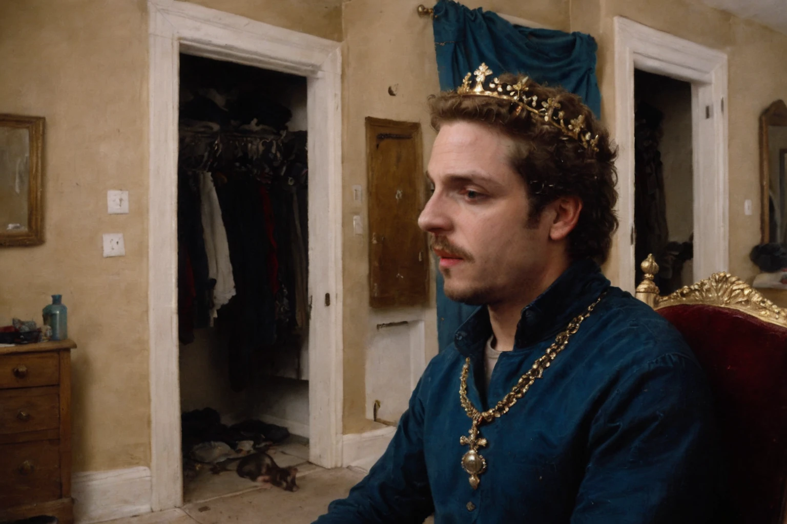 <lora:XL_bossmanjack_v4:1>, <lora:XL_Oil_Paint_ClassipeintXL1.9:1>, oil painting, 1boy, male focus, prince, sitting on golden throne, wearing crown of thorns, solo, realistic, facial hair, curtain door on left, closet on right, indoors, ((rats hanging from ceiling))