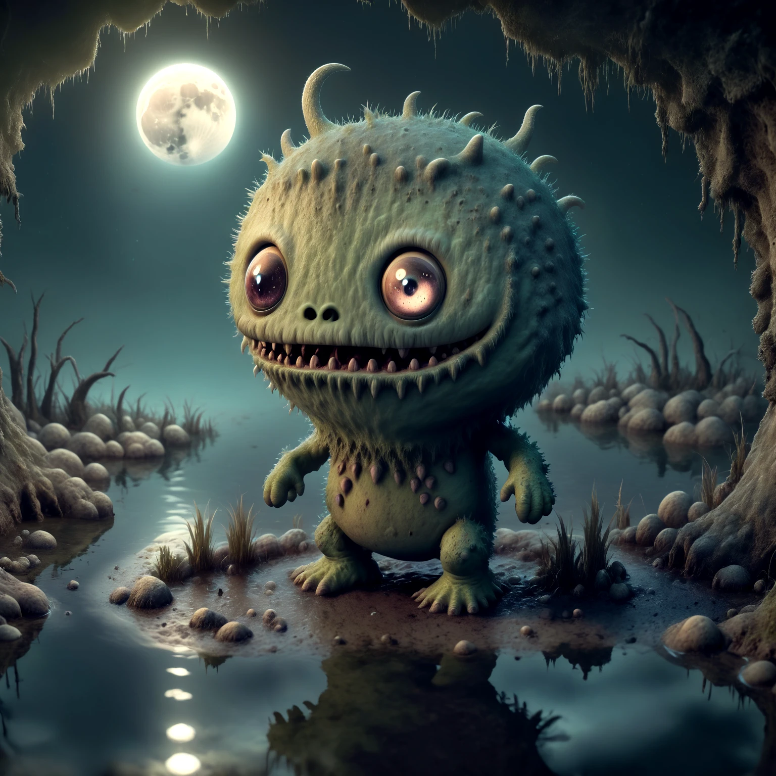 a scary blue monster in a swamp, black trees, white sky, black sun, (no humans:1.9) <lora:MadeJourney:1.0>