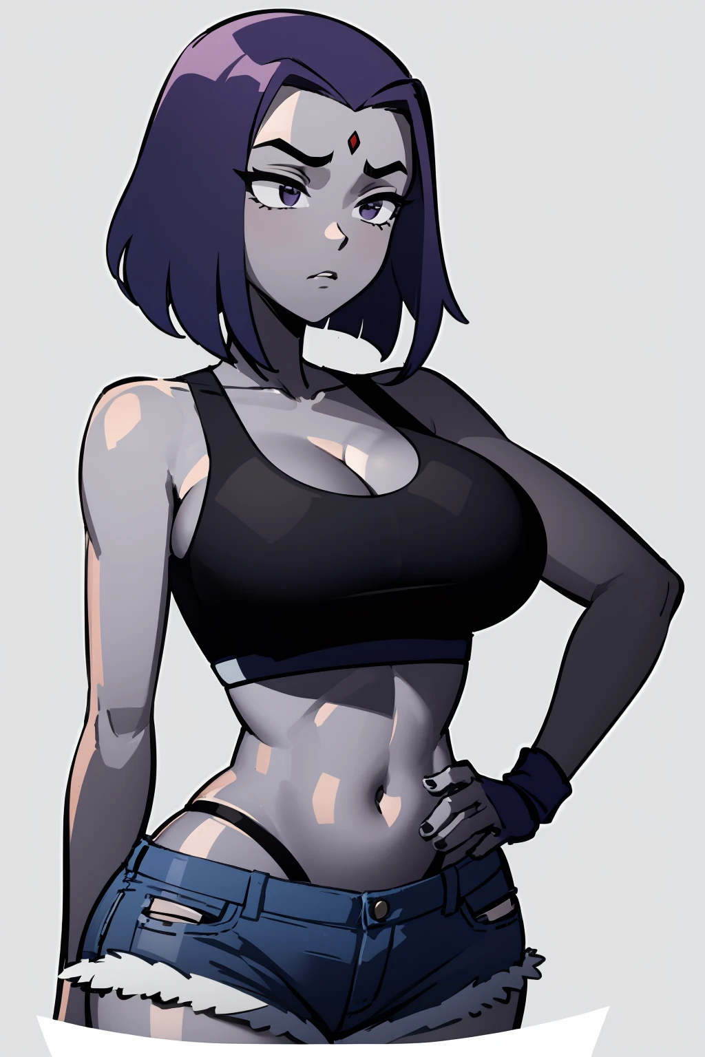 masterpiece,highres,best quality,1girl,solo,<lora:raven-wasabiya:1>,dcraven,purple hair,grey skin,purple eyes,large breasts,simple background,sports bra,denim shorts,colored skin,toned,wide hips,huge breasts,hand on hip, puffy cheeks,