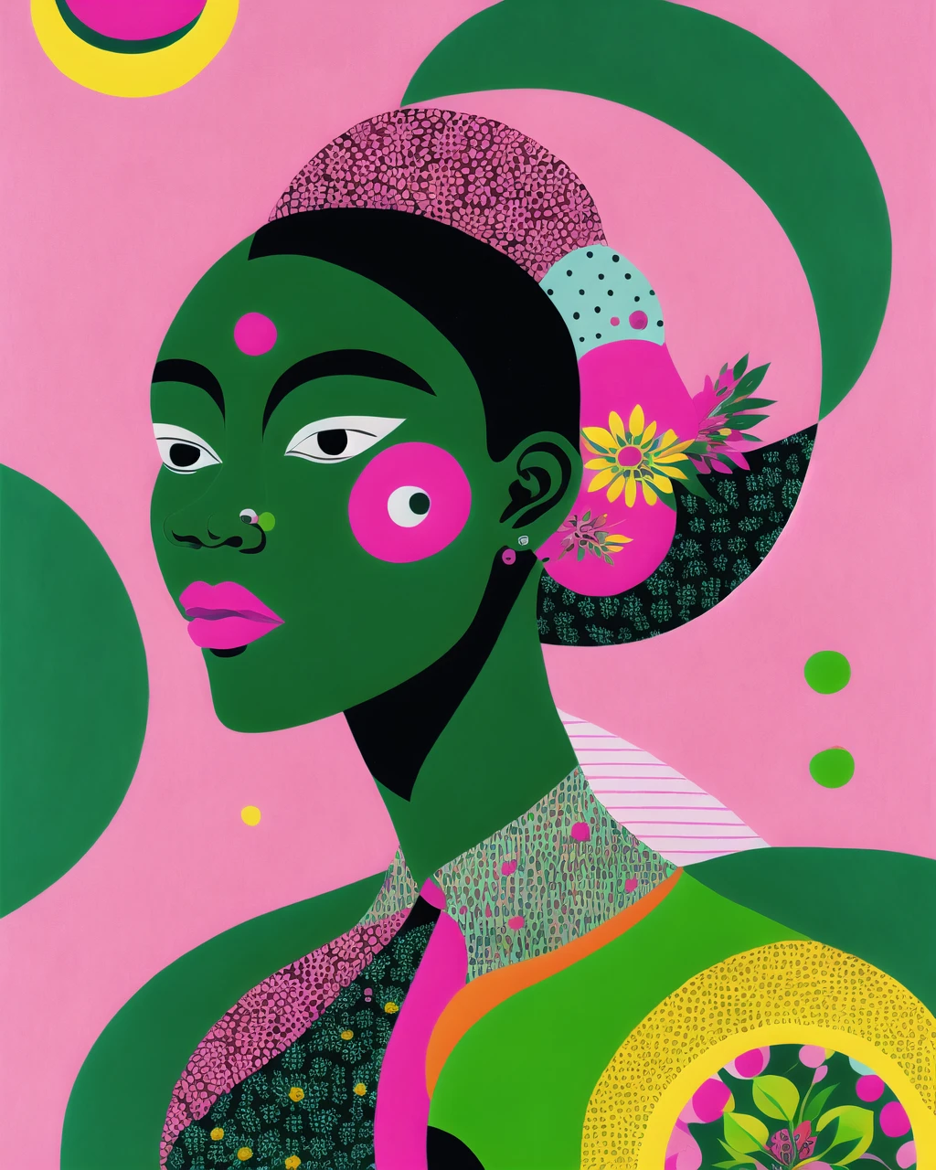a painting of a woman with pink circles on her face and a flowered shirt on her shoulders, with a green background, Chinwe Chukwuogo-Roy, in gouache detailed paintings, an ultrafine detailed painting, naive art, pattern, , <lora:Graphic_Portrait_SD15:0.7> , Graphic_Portrait