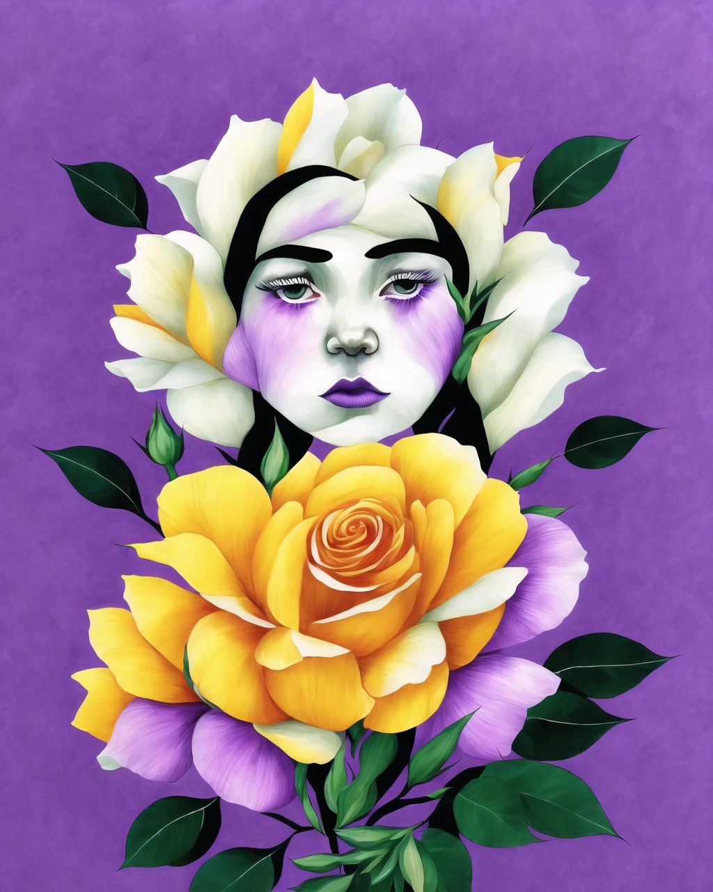 1girl, black eyes, black flower, black hair, black rose, blue flower, blue rose, bouquet, camellia, daisy, flower, flower ornament, garden, green background, green flower, holding bouquet, holding flower, leaf, orange flower, pink flower, pink rose, purple flower, purple rose, red flower, red rose, rose, rose petals, rose print, solo, spoken squiggle, squiggle, thorns, tulip, vase, white flower, white rose, yellow flower, yellow rose, <lora:Graphic_Portrait_SD15:0.7> , Graphic_Portrait