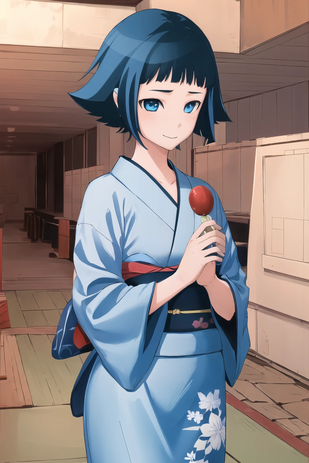 masterpiece, best quality, ultra-detailed, 1girl, Sawai Riko, short hair, blue hair, blue eyes, Yukata, japanese acrhitecture