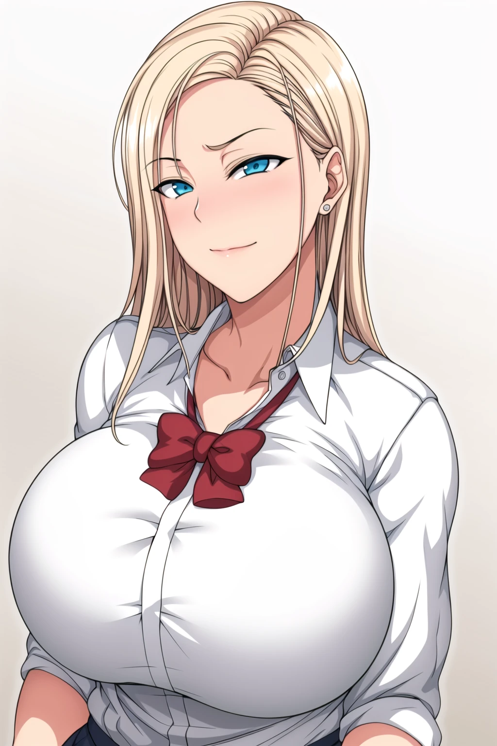 Simple White Background,
 white_collared_shirt,skirt,collarbone,red_bowtie,
<lora:Reina_Kurashiki_SaiminSeishidou-KK77-V3:0.7>,
blonde_hair, blue_eyes,long_hair,parted_bangs,
<lora:Oda_Non_Style-KK77-V2:0.3>,<lora:more_details:0.1>,
1 girl, 20yo,Young female,Beautiful Finger,Beautiful long legs,Beautiful body,
Beautiful Nose,Beautiful character design, perfect eyes, perfect face,expressive eyes,perfect balance,
looking at viewer,(Focus on her face),closed mouth, (innocent_big_eyes:1.0),(Light_Smile:0.3),
official art,extremely detailed CG unity 8k wallpaper, perfect lighting,Colorful, Bright_Front_face_Lighting,White skin,
(masterpiece:1.0),(best_quality:1.0), ultra high res,4K,ultra-detailed,
photography, 8K, HDR, highres, absurdres:1.2, Kodak portra 400, film grain, blurry background, bokeh:1.2, lens flare, (vibrant_color:1.2),professional photograph,
(Beautiful,huge_Breasts:1.4), (beautiful_face:1.5),(narrow_waist),