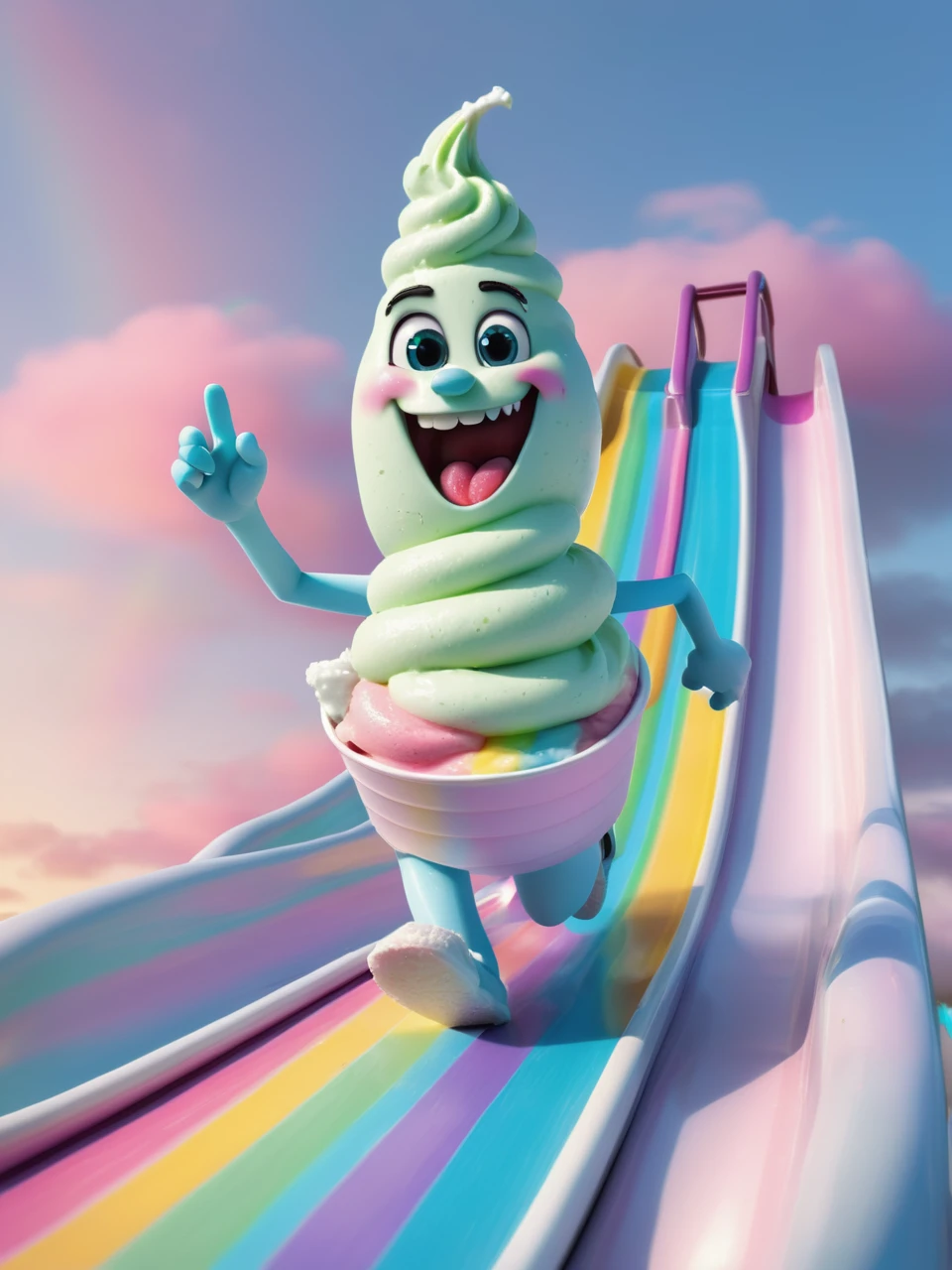happy humanoid frozen yogurt running on a rainbow slide in the pastel sky