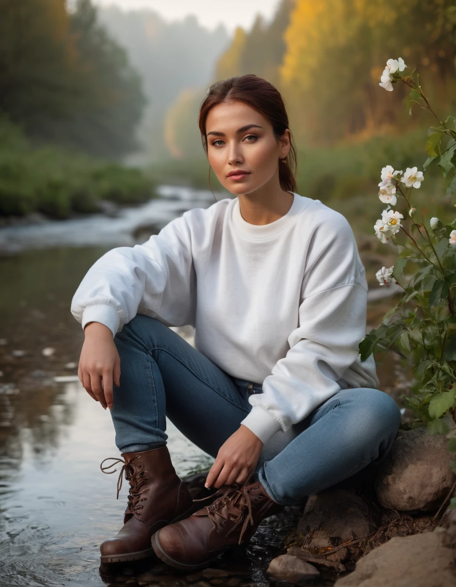 (far shot, full body:1.3) photo of a artsy Tajikstan woman with short mahogany ponytail, (perfect hands:1.5), (manicured nails:1.5).
She is wearing a (white gauze sweatshirt and jeans, combat boots:1.1). 
She is sitting, legs crossed facing right, in a stream with flowers and trees in the background. evening, foggy.
cinematic lighting, vibrant colors, detailed skin texture, detailed cloth texture, beautiful detailed perfect face, intricate sharp details, ultra high res