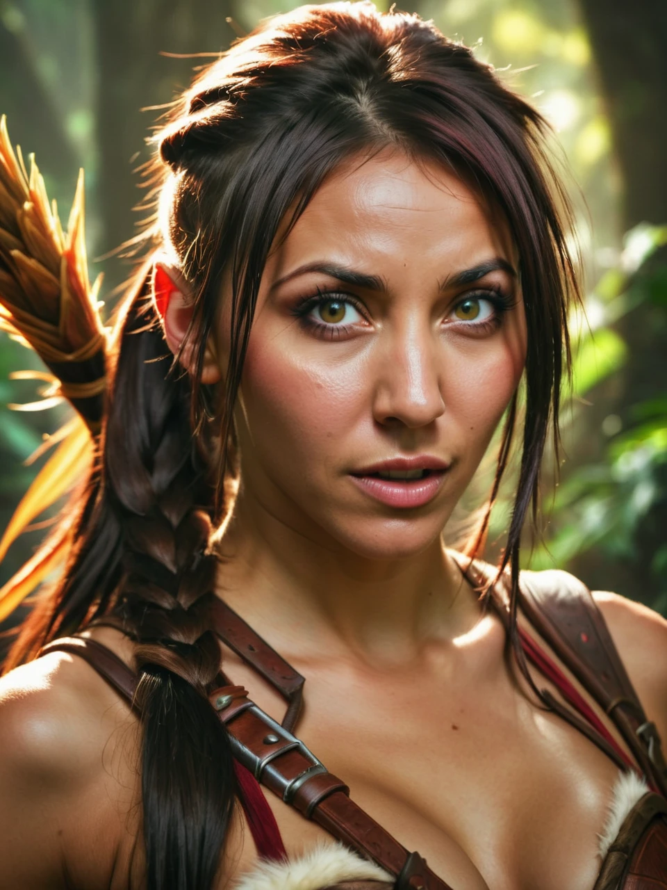 realistic portrait photo of Nidalee from League of Legends, by Tomasz Alen Kopera and Adonna Khare
