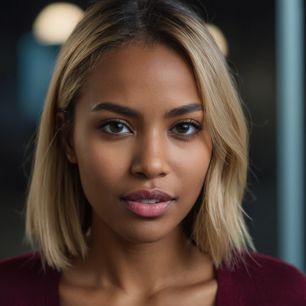 (Very close shot, zoomed in close-up face portrait:1.5) photo of a grimacing, (closed mouth:1.5) curious strong young 29 year old Madagascar woman with medium straight side bangs blonde hair, dark grey large eyes, long face, turned-up nose, wide jaw, full mouth, angled brows, tall chin, (medium breasts:1.3), toned ass.
looking towards the camera. Modern style, inside a dining room , factory visible through window, midnight, snowing.
cinematic lighting, vibrant colors, detailed skin texture, detailed cloth texture, beautiful detailed perfect face, intricate sharp details, ultra high res