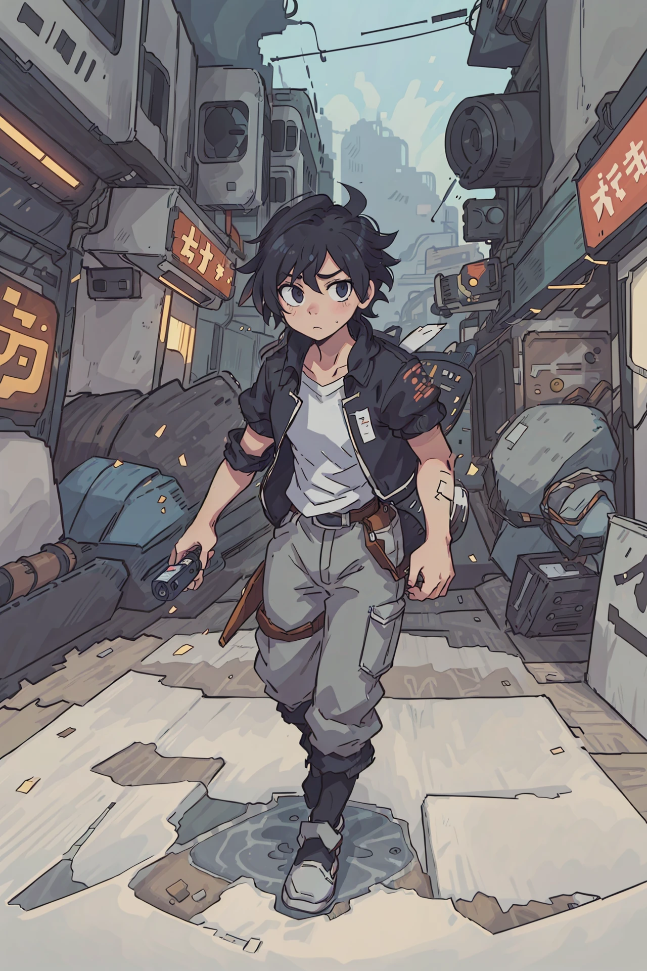 (best quality:0.8) perfect anime still frame, hyperpunk guy strolling through the wasteland