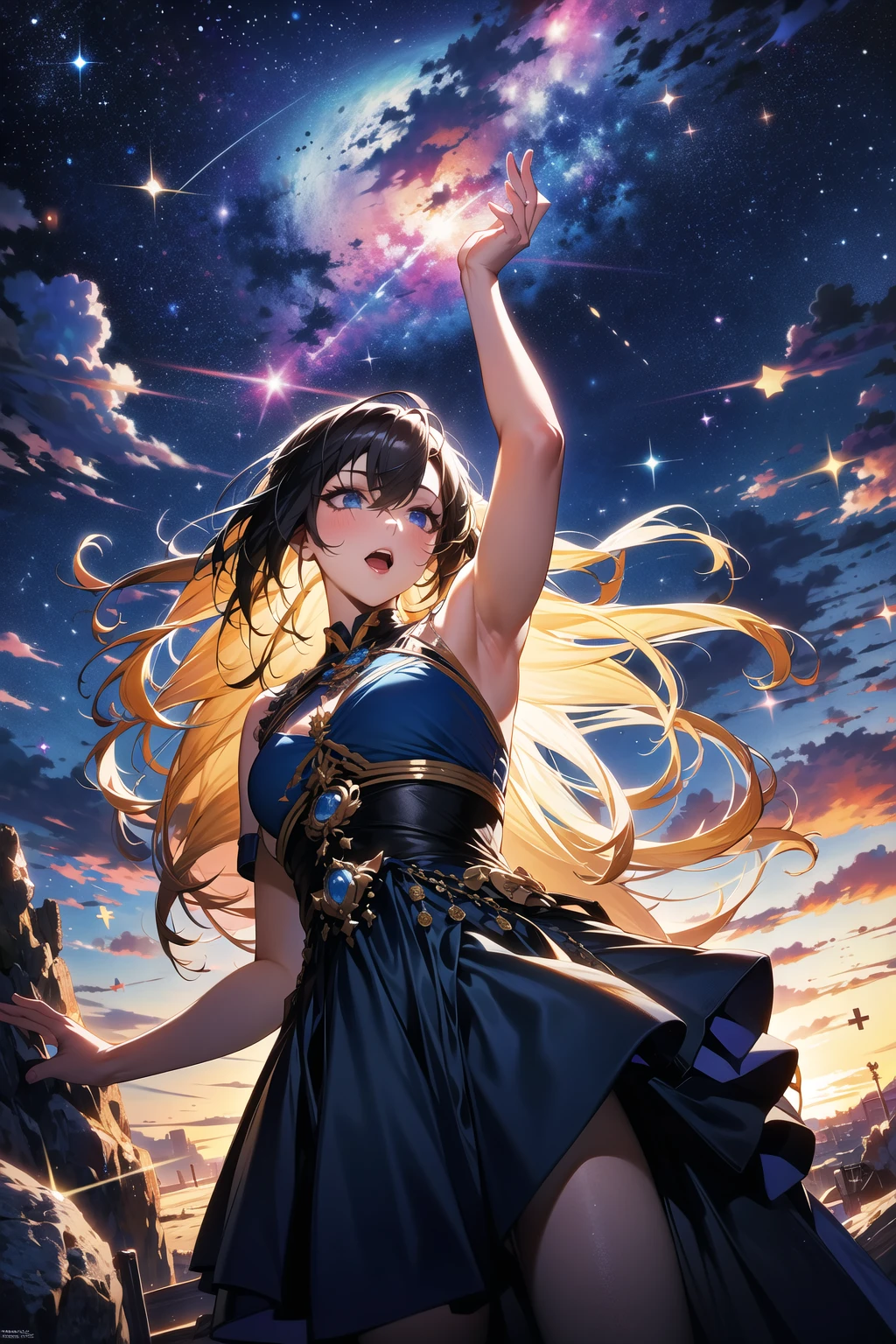 absurdres, highres, (official art, beautiful and aesthetic:1.2), close view, arm up from below
1girl, shining sky, vast world, gazing, awe-inspiring expression, distant horizon, clouds, high hill, natural beauty, inspiration, night sky, Shining Stars,
<lora:apstyle:0.5>apstyle