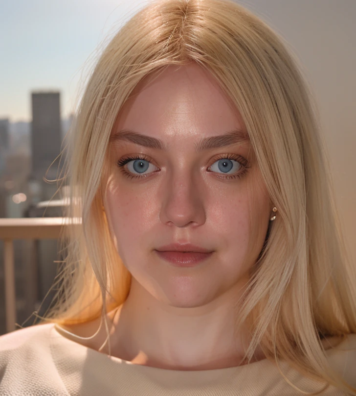 a beautiful picture of d4k0t4, blonde, masterpiece, photorealistic, woman, detailed, 4k, HDR, backlighting, bloom, light, RAW color photo, (fully in frame:1.1), wearing a white shirt, detailed skin texture, (blush:0.5), (goosebumps:0.5) <lora:d4k0t4:1>, city background
