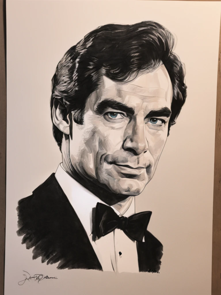 Pencil Illustration of Timothy Dalton as James Bond wearing a black tuxedo and a white shirt and a black bow tie, low light, dark room  <lora:TimothyDaltonpublic2:0.8>