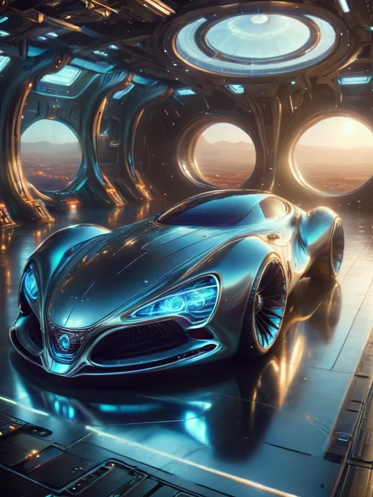 futuristic car, in space hangar, dim light, neon lights from the top, high reflection, alienzkin <lora:alienzkin:1>